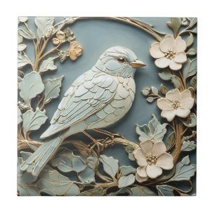 Carreau Art Nouveau Faux Relief Oiseau bleu face à droite