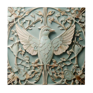 Carreau Art Nouveau Faux Relief Oiseau droit Pastel Mint