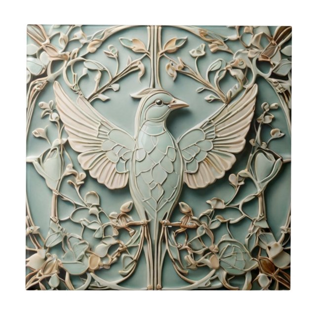 Carreau Art Nouveau Faux Relief Oiseau droit Pastel Mint (Devant)