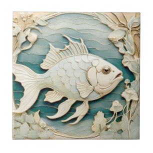 Carreau Art Nouveau Faux Relief Poissons Mer Droite Nautiq