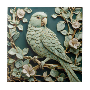 Carreau Art Nouveau Faux Relief R Parakeet Bird Vert Turqu