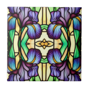 Carreau Art Nouveau Faux Vitrail Violet Iris Fleurs