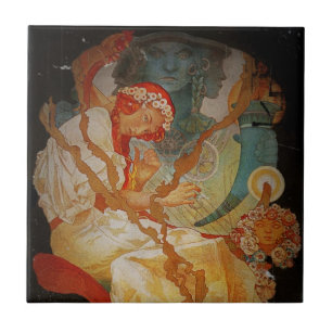 Carreau Art nouveau fille avec harpe 1903