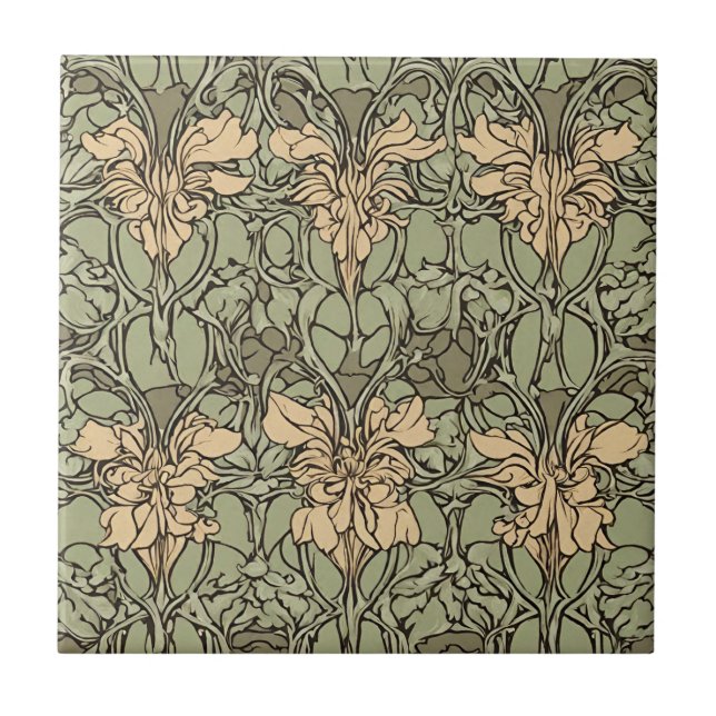 Carreau Art Nouveau Floral Damask Vert, Beige Abstrait (Devant)