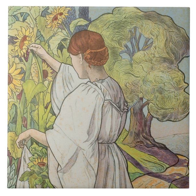 Carreau Art Nouveau Floral Femme Mucha French Green Daisy (Devant)