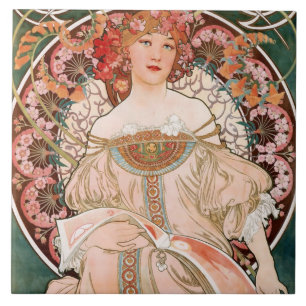 Carreau Art Nouveau Floral Femme Mucha Vert français