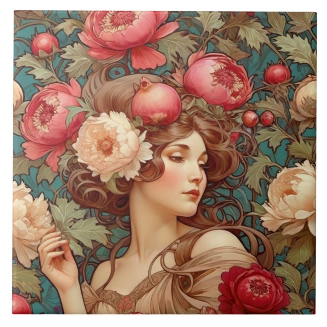 Carreau Art Nouveau Floral Fruit Femme Carrelage céramique (Devant)