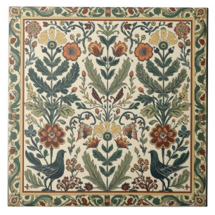 Carreau Art Nouveau floral oiseau botanique vintage élégan