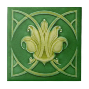 Carreau Art Nouveau Gothique Vert Fleur de Lis Repro Tile
