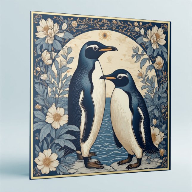 Carreau Art Nouveau Ice Birds Penguin Couple Floral Decor  (Art Nouveau Ice Birds Penguin Couple Floral Decor Ceramic Tile)