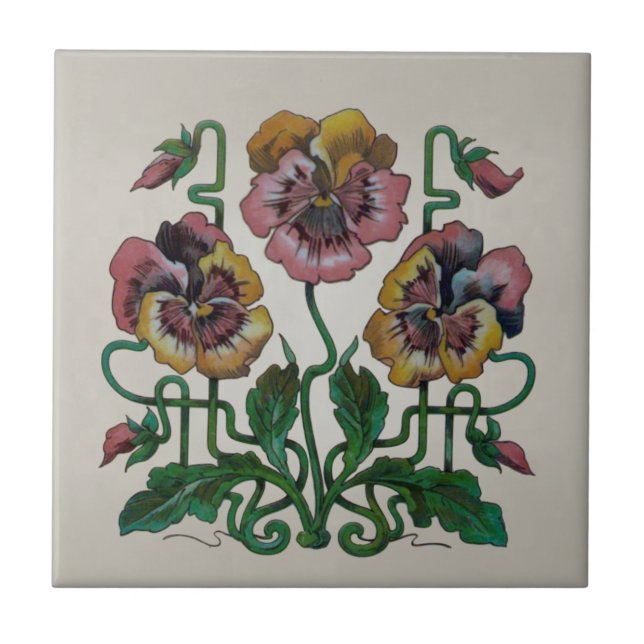 Carreau Art Nouveau Jugendstil Pansies roses Repro Antique (Devant)