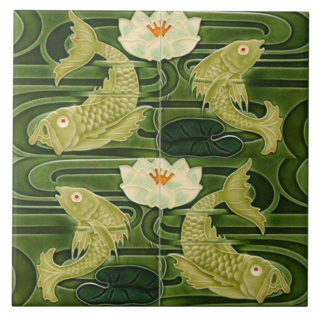 Carreau Art Nouveau Jugendstil Poisson d'étang Vert (Devant)
