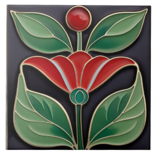 Carreau Art Nouveau Moderne Faux Relief Gras Fleur Rouge