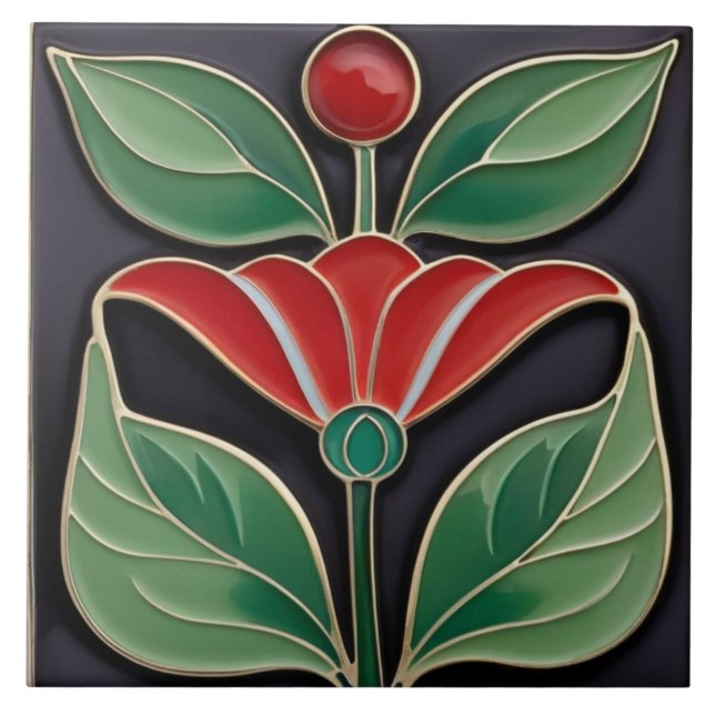 Carreau Art Nouveau Moderne Faux Relief Gras Fleur Rouge (Devant)