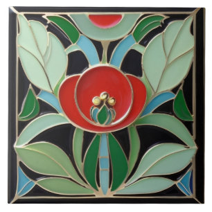Carreau Art Nouveau Moderne Faux Relief Vert Fleur Rouge