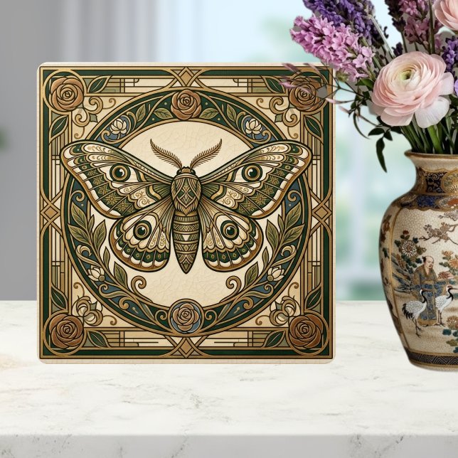 Carreau Art Nouveau Moth Green Gold Floral Ceramic Tile (Créateur téléchargé)