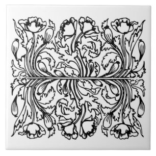 Carreau Art nouveau poppy floral noir blanc élégant