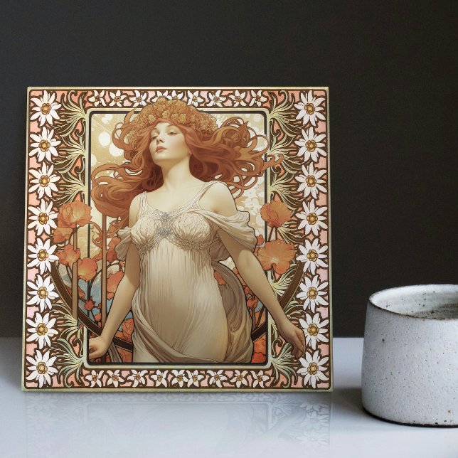 Carreau Art Nouveau Portrait féminin Mucha Edelweiss Fleur (Créateur téléchargé)