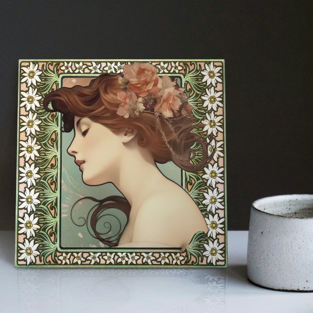 Carreau Art Nouveau Portrait féminin Mucha Edelweiss Fleur (Créateur téléchargé)