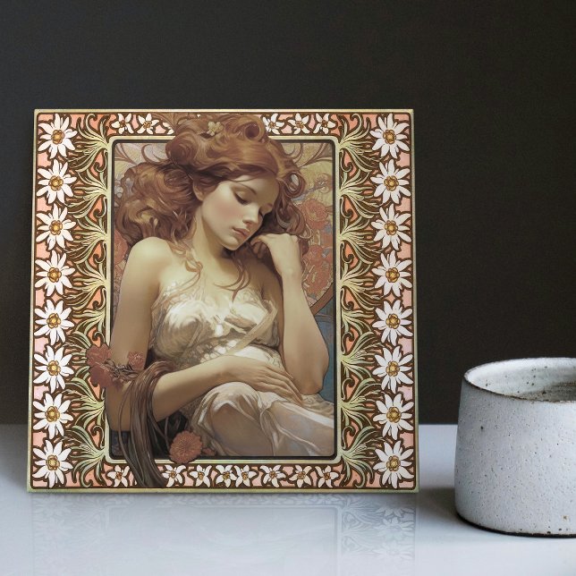Carreau Art Nouveau Portrait féminin Mucha Edelweiss Fleur (Créateur téléchargé)