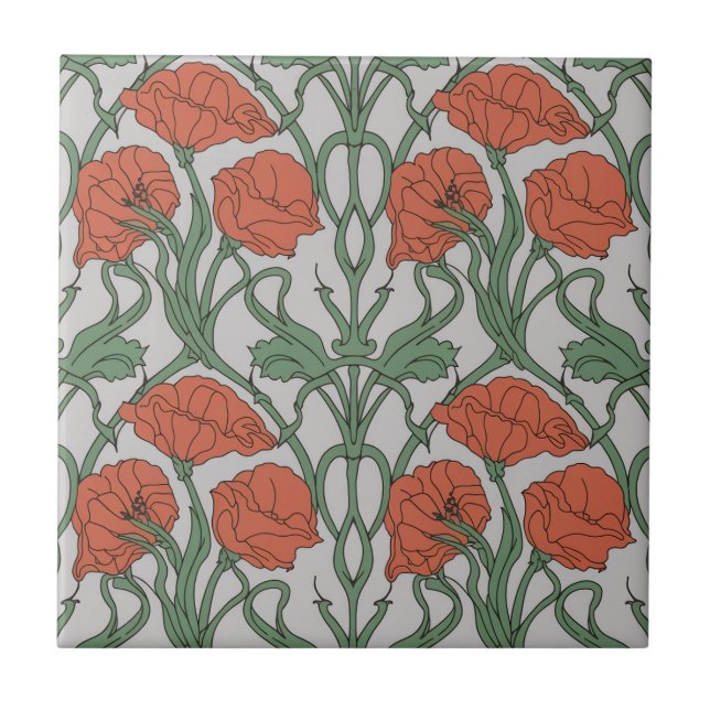 Carreau Art Nouveau Red Poppy Floral Print (Devant)