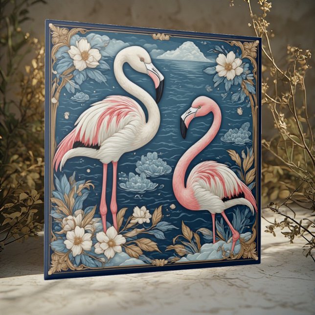 Carreau Art Nouveau Romantic Flamingo Couple Floral Motifs (Art Nouveau Romantic Flamingo Couple Floral Motifs Ceramic Tile)