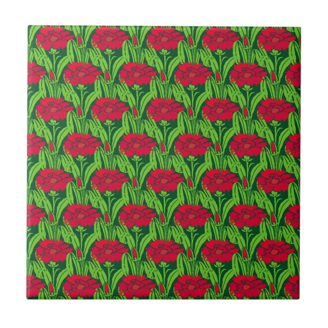 Carreau Art Nouveau rouge oeillets damas floral (Devant)
