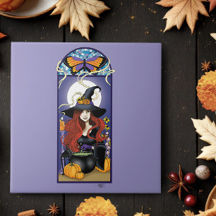 Carreau Art Nouveau Sorcière d'Automne Citrouilles Lune Vi