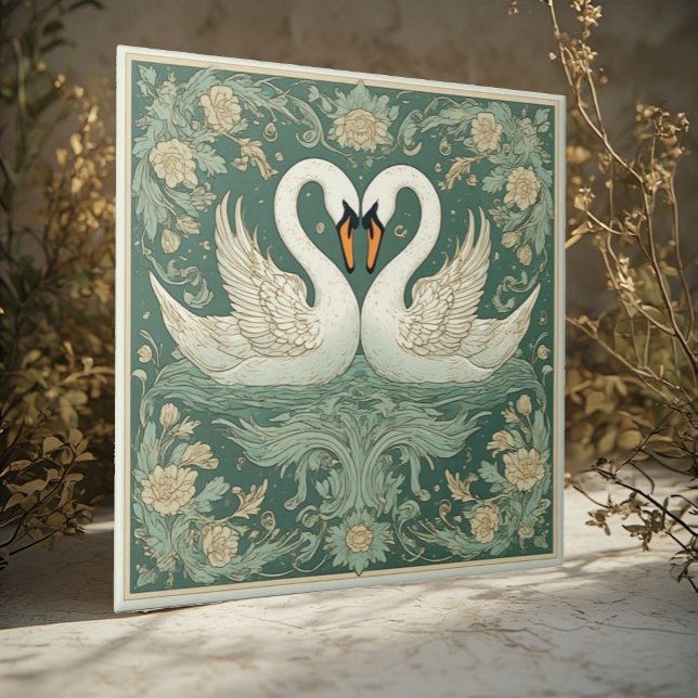 Carreau Art Nouveau Swan Couple Decorative Lake Scenery  (Art Nouveau Swan Couple Decorative Lake Scenery Ceramic Tile)