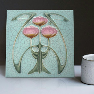 Carreau Art Nouveau Trio de Pivoines Gibbons des années 18