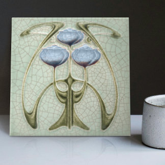 Carreau Art Nouveau Trio de Pivoines Gibbons des années 18