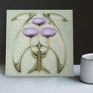 Carreau Art Nouveau Trio de Pivoines Gibbons des années 18
