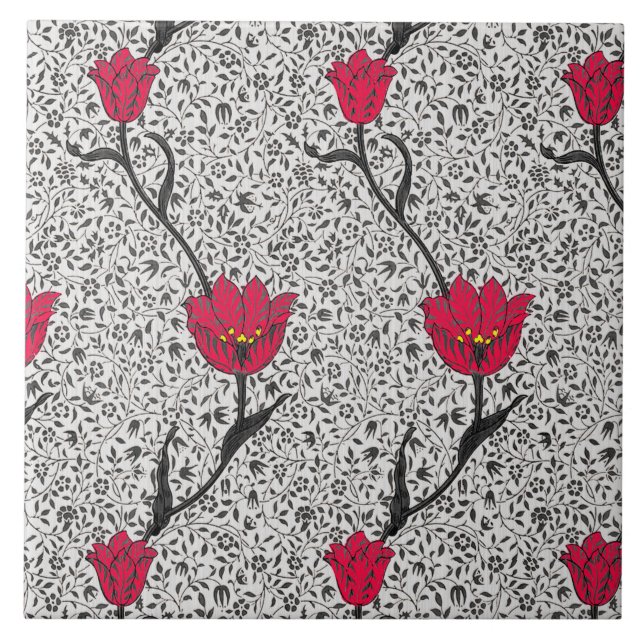 Carreau Art Nouveau Tulip Damask, gris et rouge (Devant)