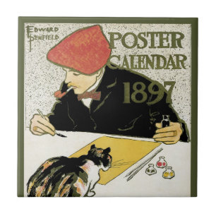 Carreau Art Nouveau vintage, artiste peignant avec son cha