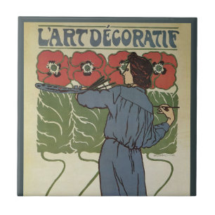 Carreau Art Nouveau vintage, Artiste Peignant des Pavots