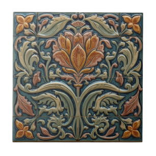 Carreau Art Nouveau vintage bleu Majolique floral artisan