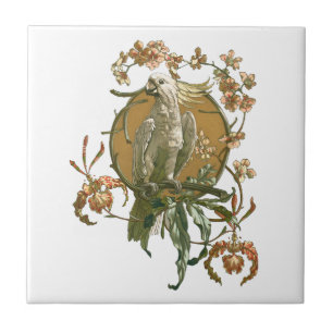 Carreau Art Nouveau vintage, Cockatoo Bird, Fleurs d'orchi