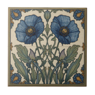 Carreau Art Nouveau vintage Coquelicots bleus Floral