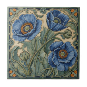 Carreau Art Nouveau Vintage Coquelicots bleus Floral
