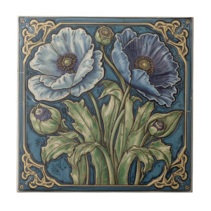Carreau Art Nouveau vintage Coquelicots bleus Floral