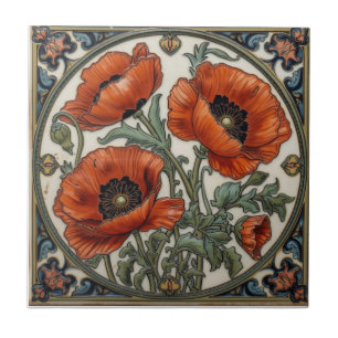 Carreau Art Nouveau vintage Coquelicots rouges Floral 