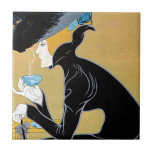 Carreau Art Nouveau vintage, Dame qui boit du thé Marco Po