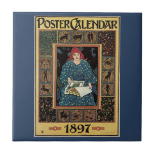 Carreau Art Nouveau vintage, femme lisant un livre d'astro