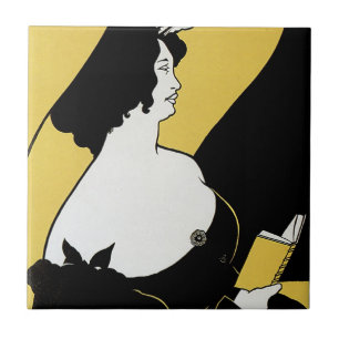 Carreau Art Nouveau vintage, femme lisant un livre jaune
