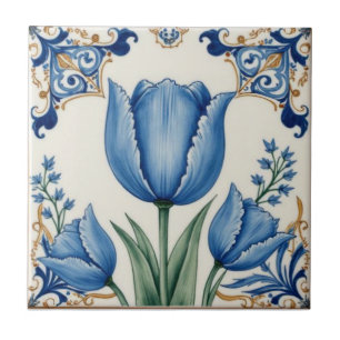 Carreau Art Nouveau vintage Fleurs de Tulipes bleues Flora
