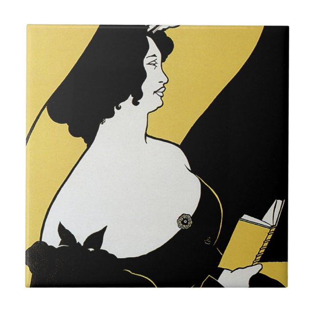 Carreau Art Nouveau vintage, Lecture d'un livre jaune (Devant)