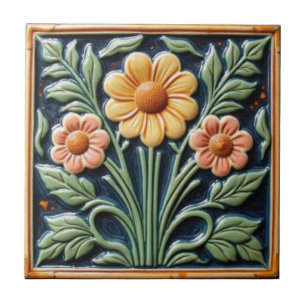 Carreau Art Nouveau vintage majolique artisanale florale