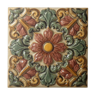 Carreau Art Nouveau vintage majolique floral artisan