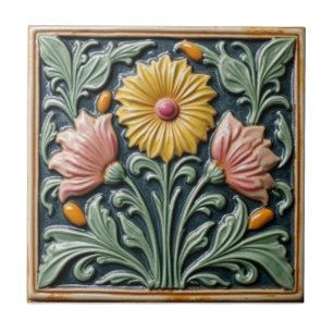 Carreau Art Nouveau Vintage Majolique Floral Artisanat