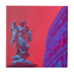 Carreau Art numérique rouge, bleu du Colisée et statue